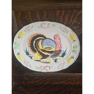 Vintage Thanksgiving Turkey Platter Large 18" Ceramic Embossed Made in Japan